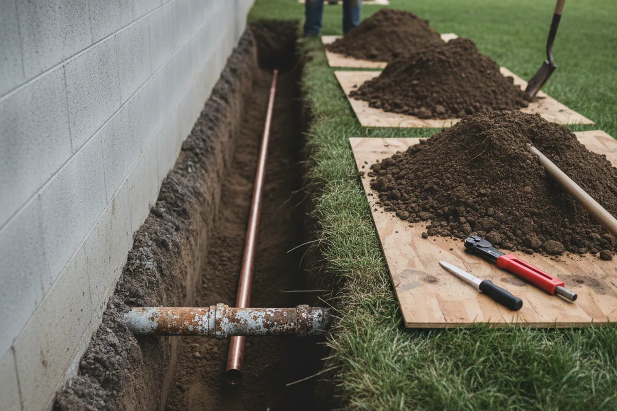 Excavated water line trench during Water Heater Repair in Government Camp